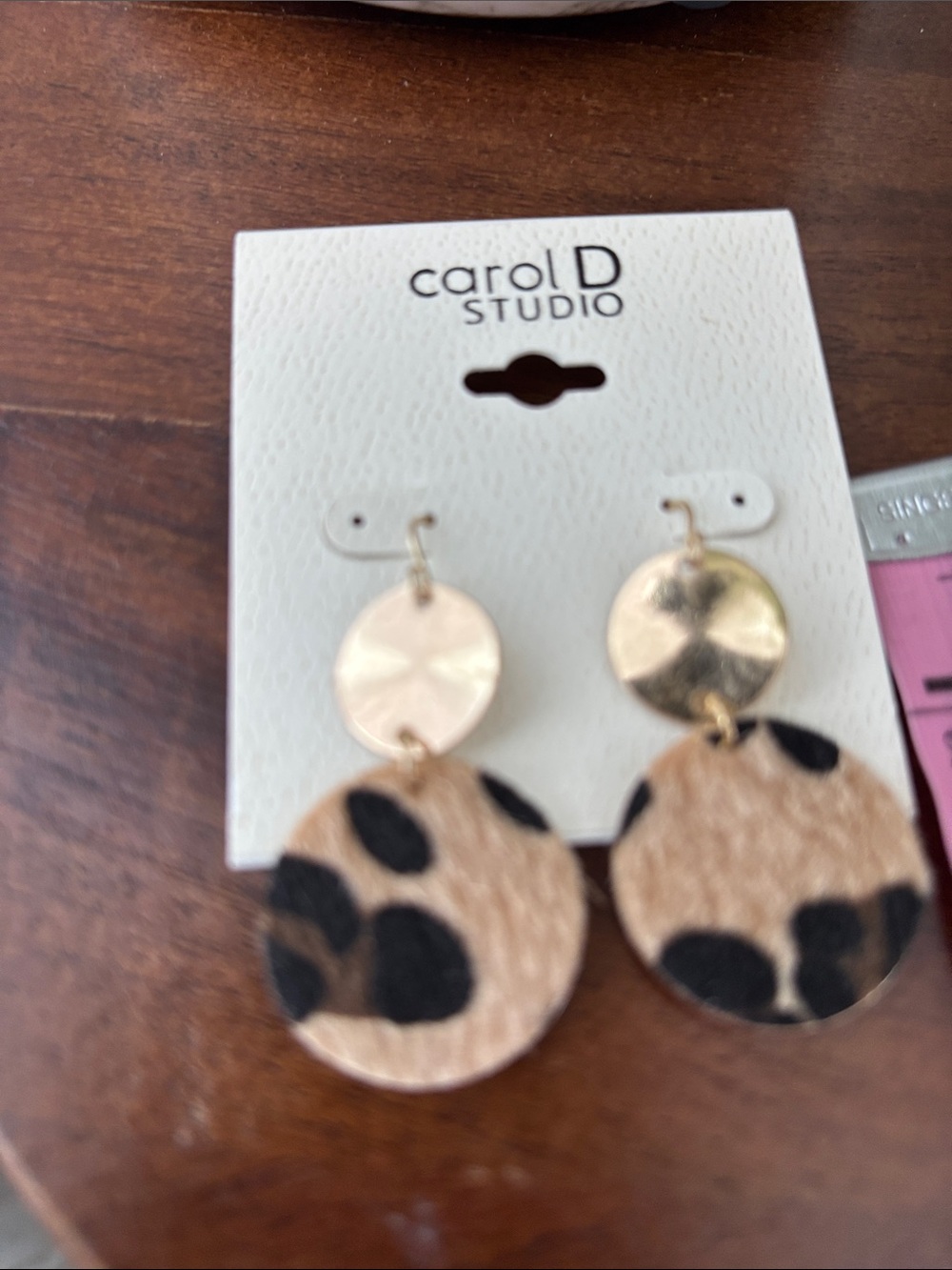 Carol D Studio Calf Hair Leopard print, goldtone circle,dangle,fishook - Picture 3 of 5